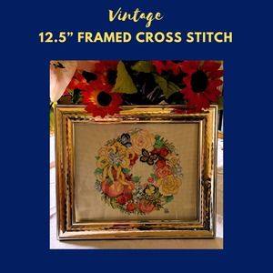 Vintage Handmade Butterfly Wreath Cross Stitch Gold Framed Wall/Stand Decor